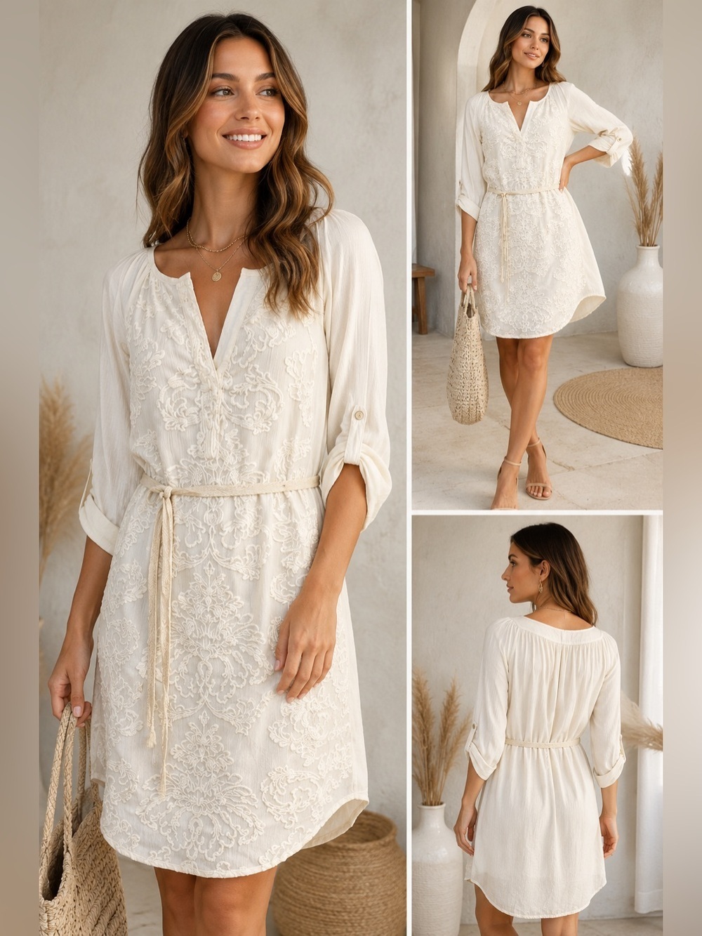 Tiny by Anthropologie Paperwhites Embroidered Shirtdress | Cream | Belted | M